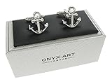 Schiffe Anker Nautische Manschettenknöpfe - Silberfarben In Onyx Kunst Manschettenknopf Box -