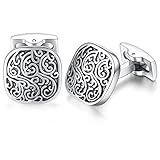 HONEY BEAR Herren Hochzeit Retro Muster Geschnitzt Manschettenknöpfe Cufflinks Edelstahl Manschettenknopf (Silber mit Schwarz) (Platz)