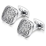 HONEY BEAR Herren Hochzeit Retro Muster Geschnitzt Manschettenknöpfe Cufflinks Edelstahl Manschettenknopf (Silber mit Schwarz) (Platz) - 3