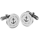 Manschettenknöpfe mit Gravur Anker mit Namen und Datum rund Edelstahl - Hochzeitsgeschenke für Herren Hemden - Gravierter Silber Schmuck - 2